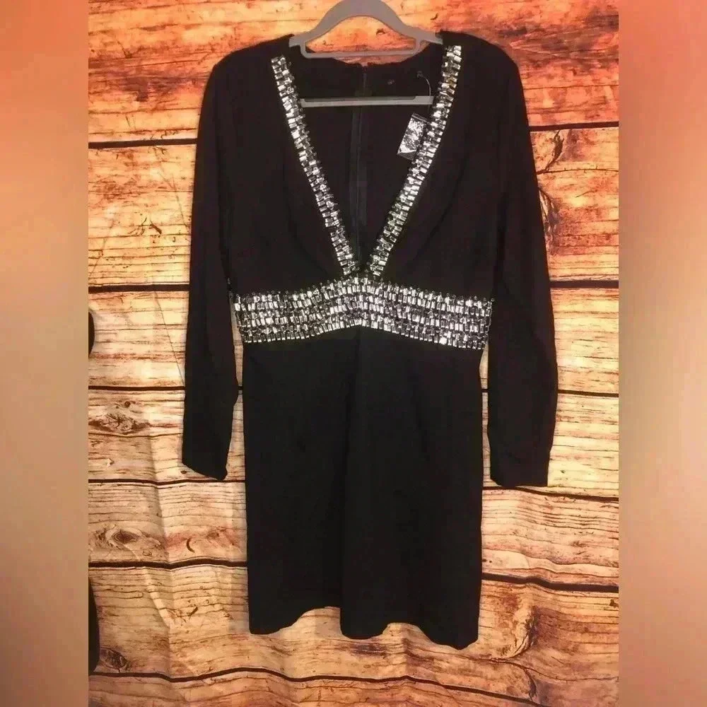 Women’s deep V embellished rhinestone dress with long sleeves